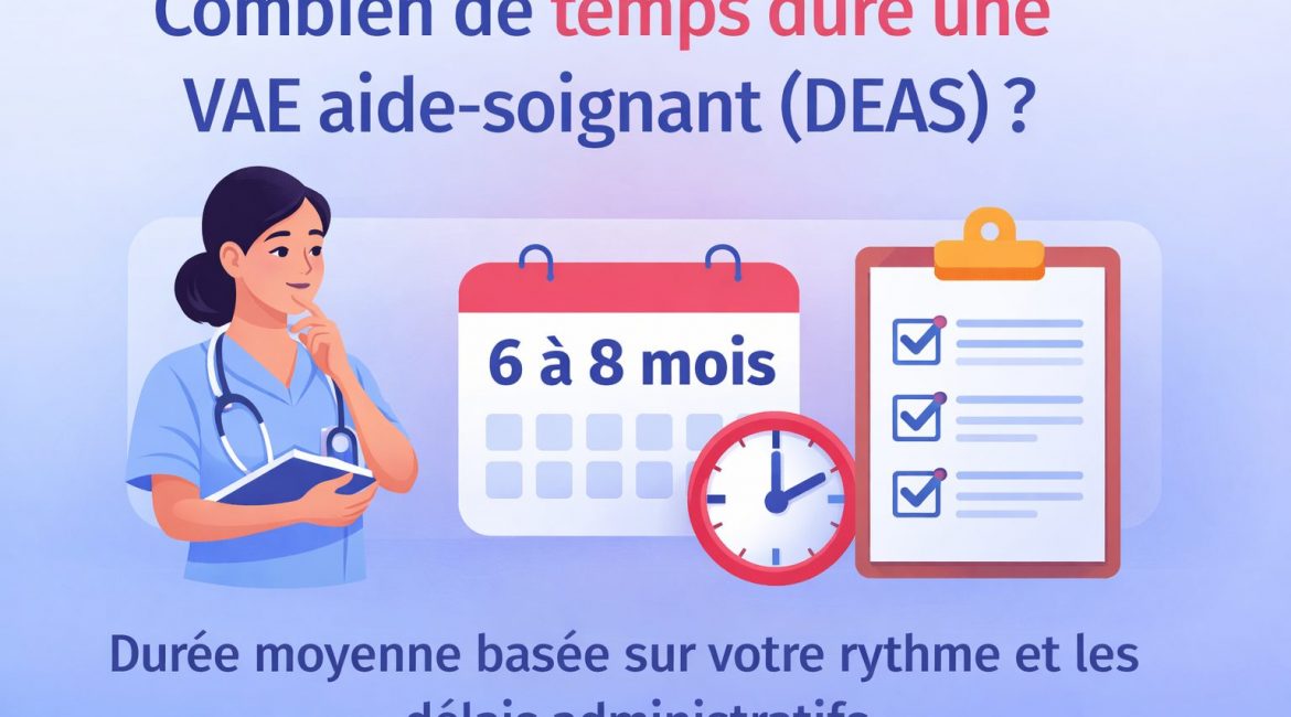 Combien de temps dure une VAE aide-soignant (DEAS) ? 1 Combien de temps dure une VAE aide-soignant DEAS durée moyenne 6 à 1 an