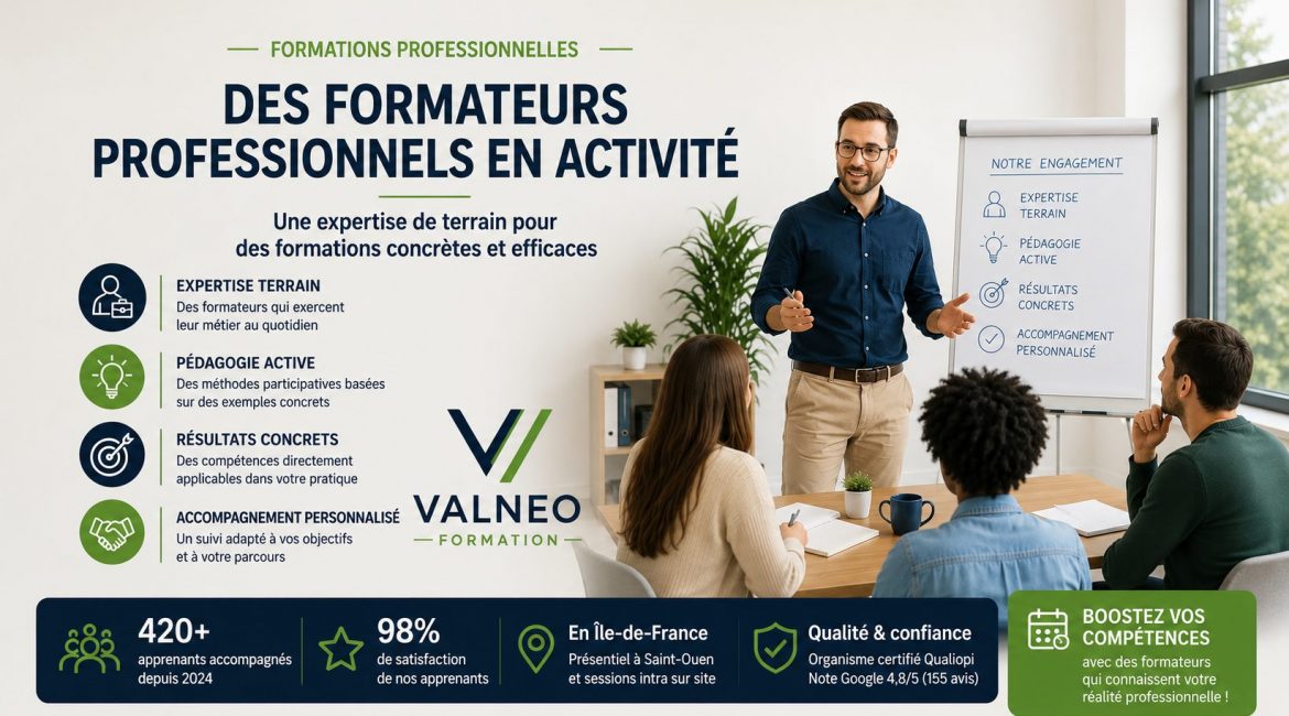 Pourquoi choisir des formateurs professionnels en activité ? 1 Formateurs professionnels en activité animant une formation chez Valneo Formation