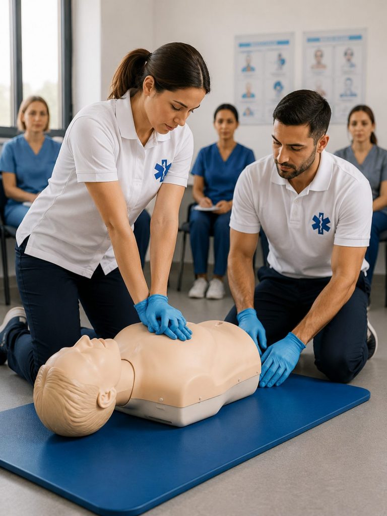 Accueil 5 Formation AFGSU en Île-de-France chez Valneo Formation – exercice de massage cardiaque sur mannequin