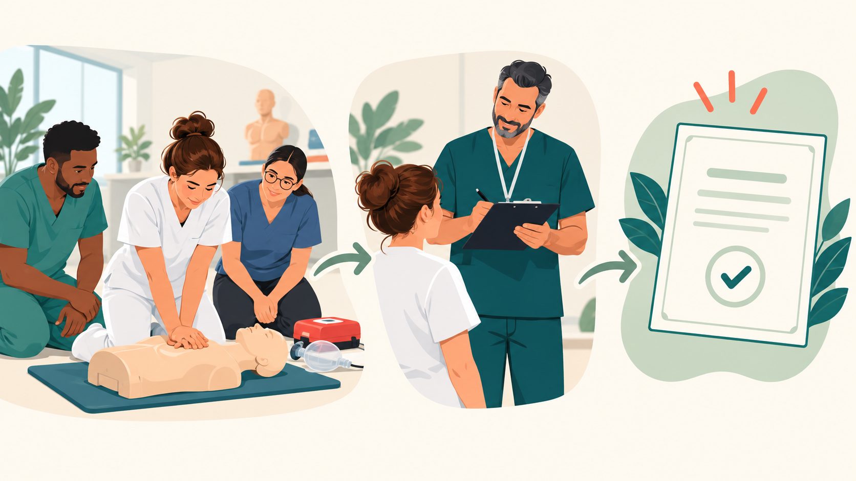 Illustration des étapes pour obtenir une attestation AFGSU : formation pratique et validation des compétences